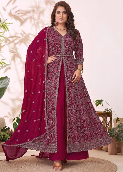 Pink Georgette Slitted Palazzo Suit In Zari Work