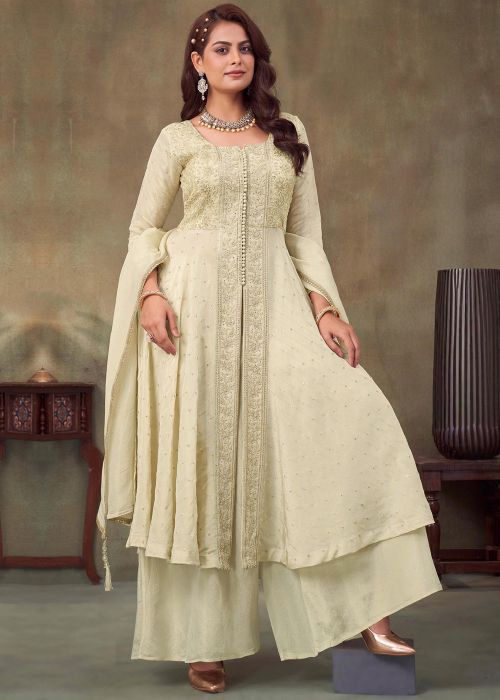 Off White Embroidered Slit Style Chiffon Suit