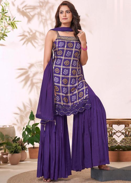 Purple Sleeveless Bandhej Print Gharara Suit