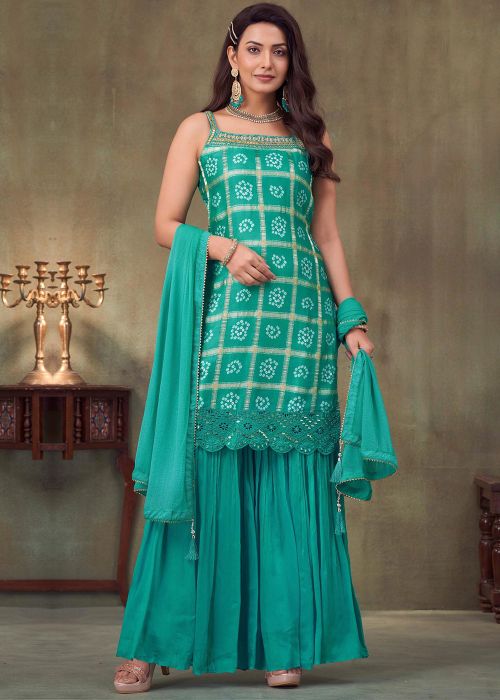 Blue Sleeveless Bandhej Print Gharara Suit