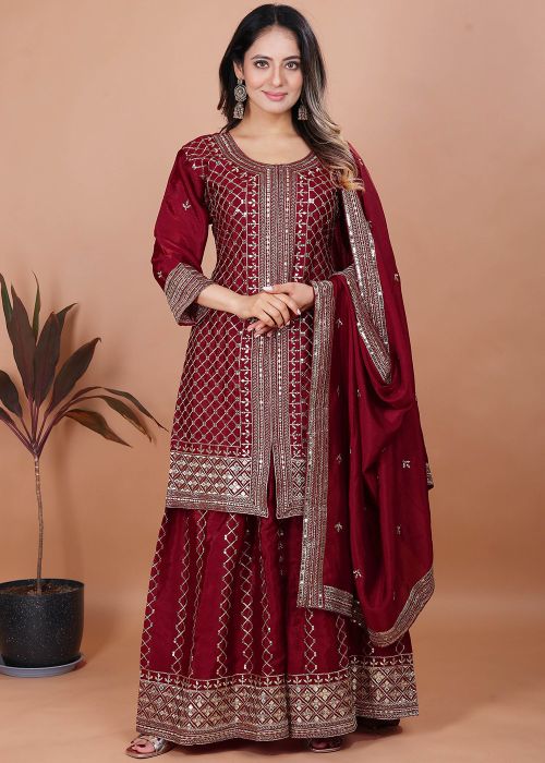 Red Embroidered Sharara Salwar Suit Set