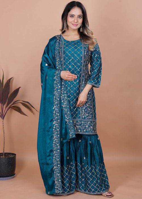 Blue Embroidered Sharara Suit Set