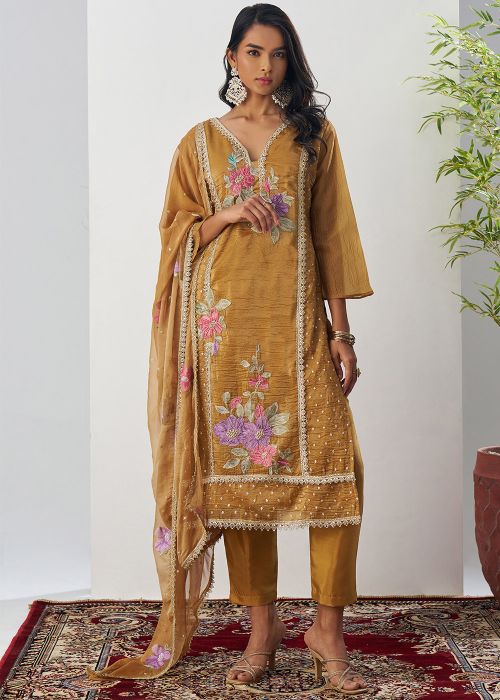 Yellow Embroidered Pant Suit In Tissue