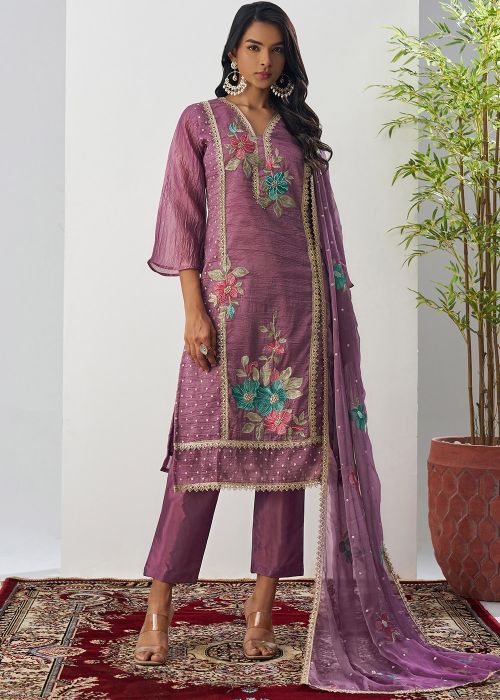 Readymade Purple Embroidered Pant Suit Set