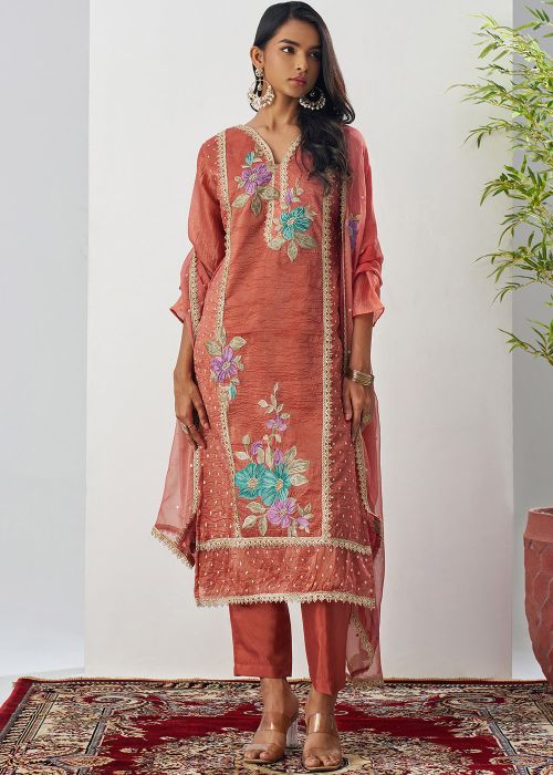 Readymade Peach Embroidered Pant Suit