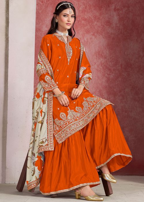 Orange Embroidered Gharara Salwar Suit Set