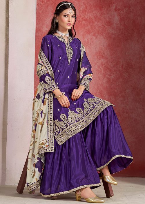Purple Embroidered Chiffon Gharara Suit Set
