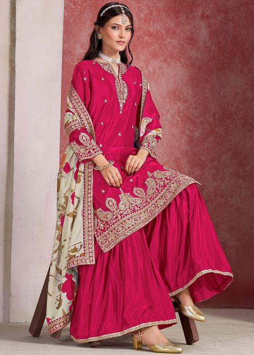 Pink Embroidered Chiffon Gharara Suit Set