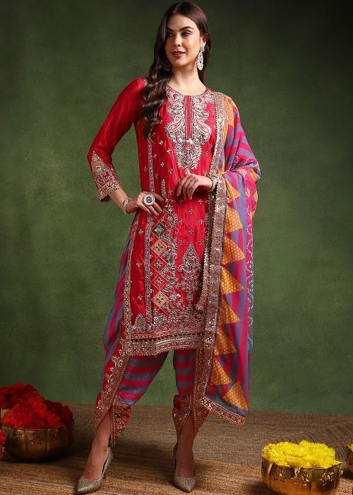 Red Embroidered Dhoti Style Suit In Chiffon