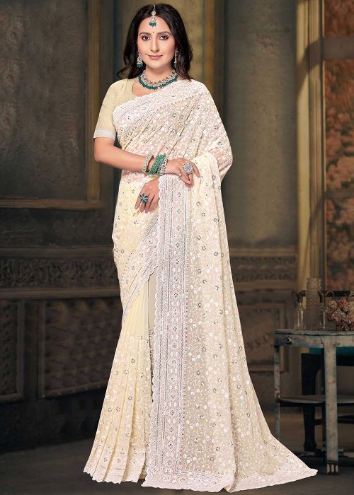 Light Yellow Georgette Saree In Resham Work