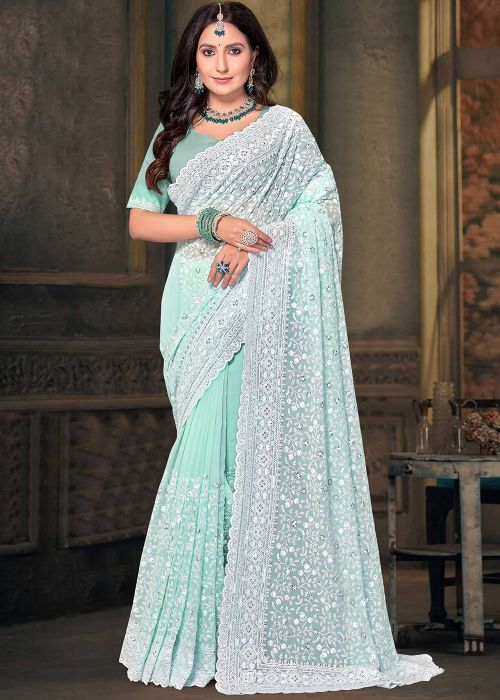 Turquoise Georgette Saree In Resham Embroidery
