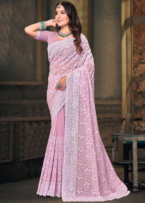 Dusty Pink Resham Embroidered Saree