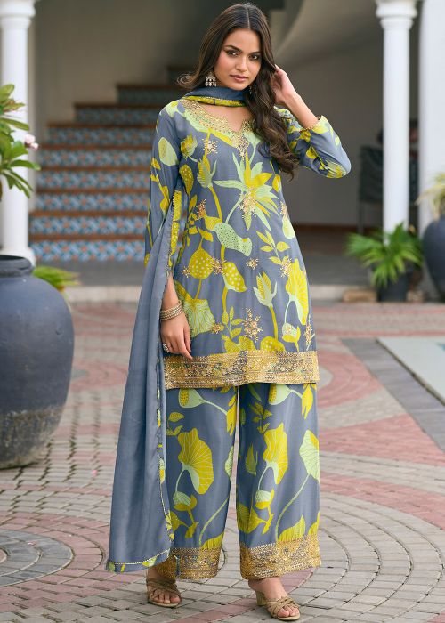 Grey Printed Palazzo Suit In Chiffon
