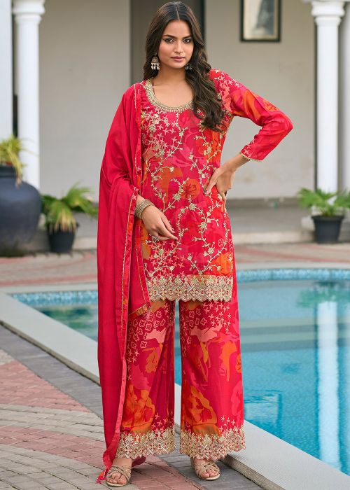 Red Embroidered Chiffon Palazzo Suit