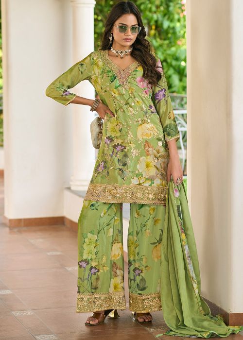 Green Floral Print Palazzo Suit In Chiffon