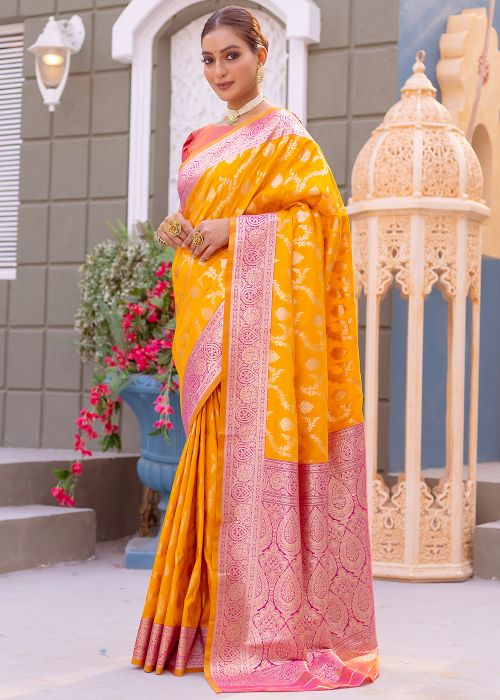 Yellow Satin Silk Zari Woven Saree