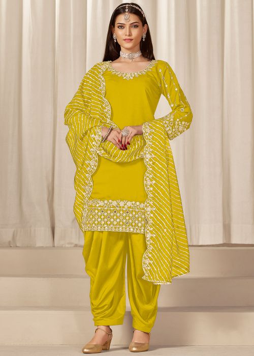 Yellow Embroidered Punjabi Suit In Art Silk