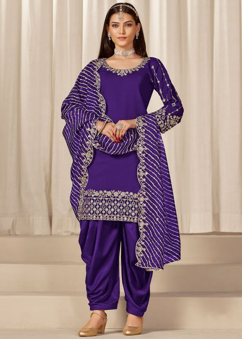 Purple Embroidered Art Silk Patiala Suit