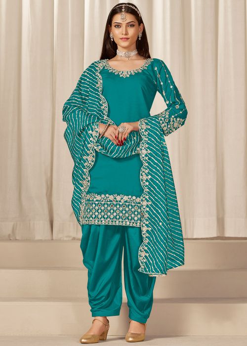 Blue Embroidered Art Silk Patiala Suit