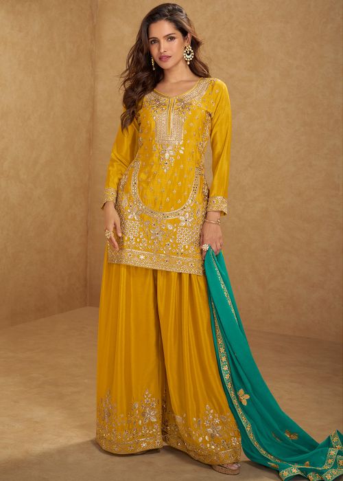 Yellow Embroidered Palazzo Suit In Chiffon