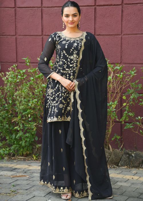 Black Embroidered Palazzo Suit In Georgette