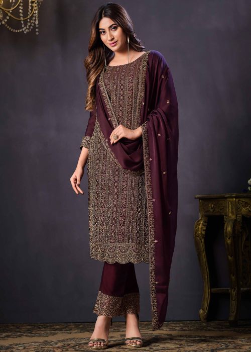 Wine Embroidered Pant Salwar Suit Set