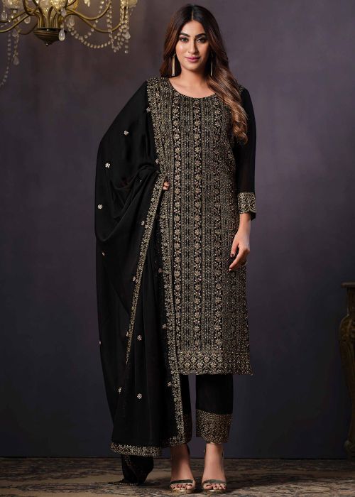 Black Embroidered Pant Suit Set