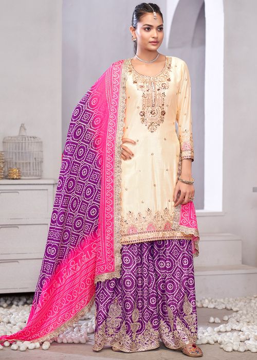Cream Readymade Embroidered Sharara Suit