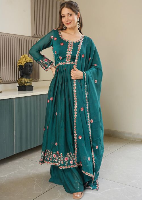 Readymade Teal Green Embroidered Sharara Suit