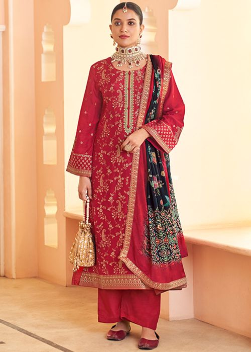 Red Zari Woven Palazzo Suit In Art Silk