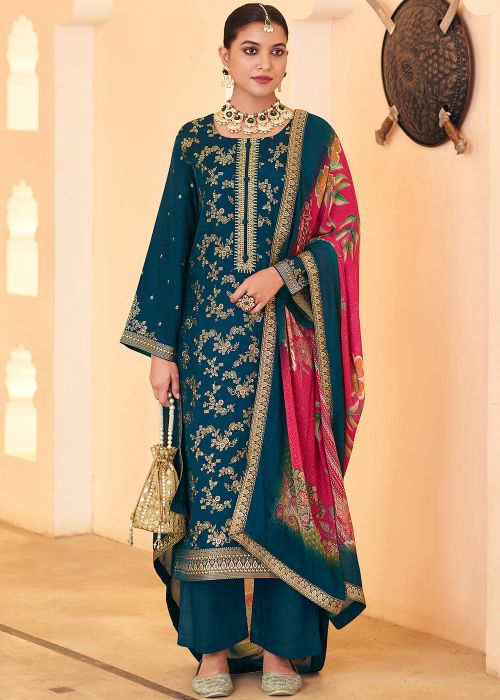 Navy Blue Woven Pant Suit In Art Silk