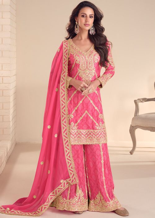 Pink Full Sleeved Bandhej Print Palazzo Suit