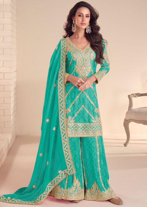Turquoise Bandhani Print Full Sleeved Palazzo Suit