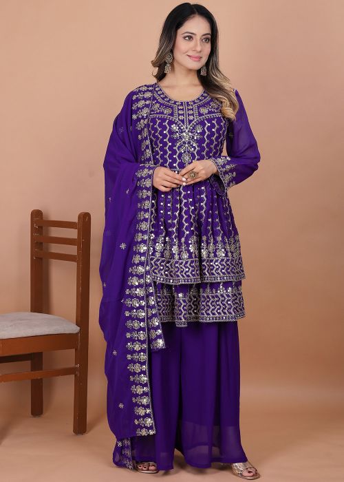 Readymade Purple Embroidered Palazzo Suit Set