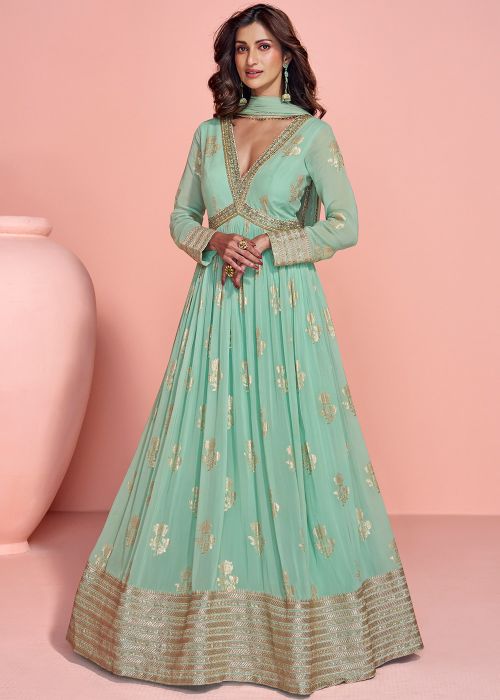 Readymade Blue Woven Anarkali Suit In Viscose