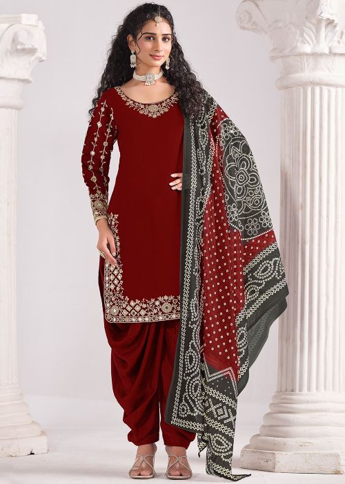 Maroon Zari Embroidered Art Silk Punjabi Suit