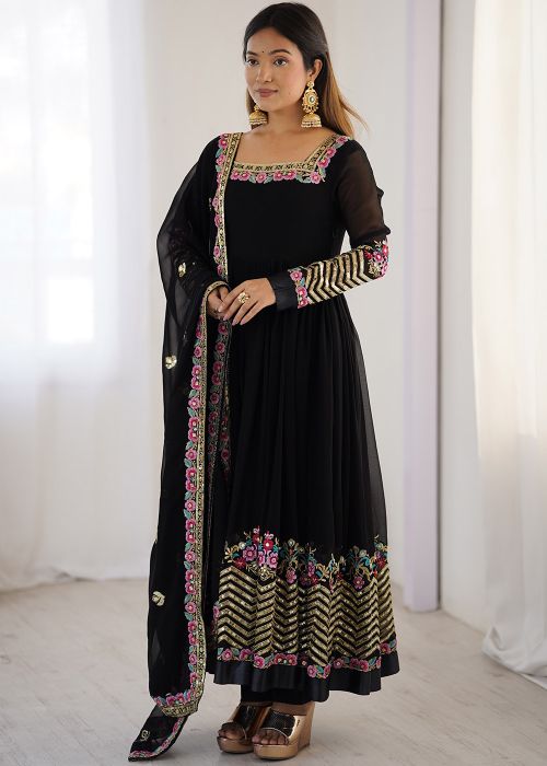 Black Readymade Embroidered Anarkali Suit