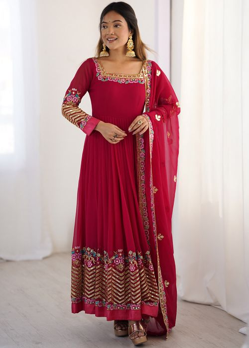 Pink Full Sleeved Embroidered Anarkali Suit Set
