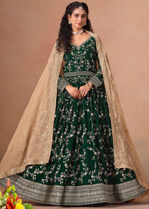 Green Embroidered Full Sleeves Anarkali Suit Set