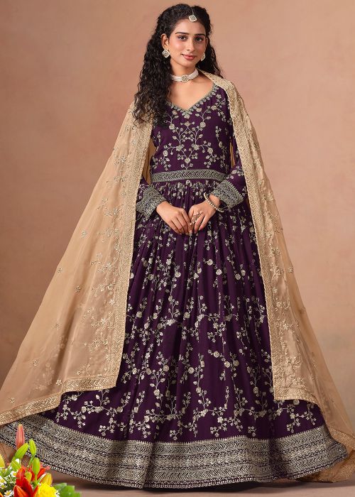 Purple Zari Embroidered Anarakali In Georgette