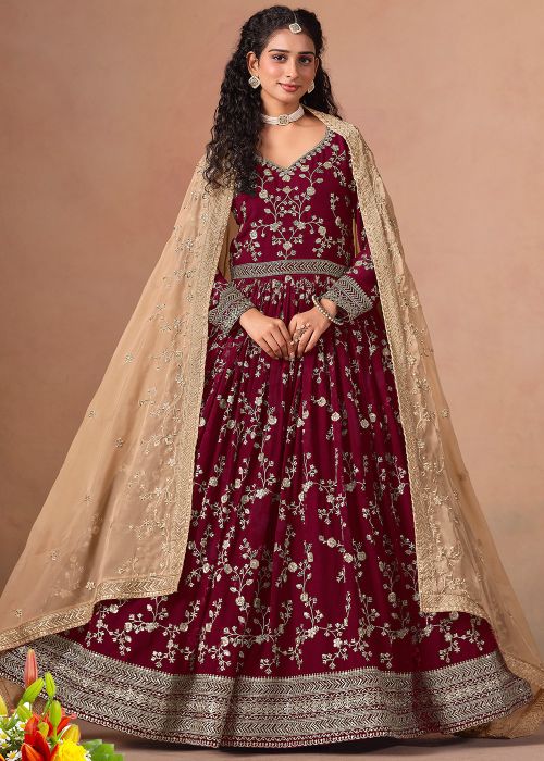 Red Full Sleeves Anarkali In Zari Embroidey