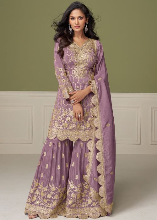 Purple Embroidered Flared Gharara Suit Set In Shimmer Silk