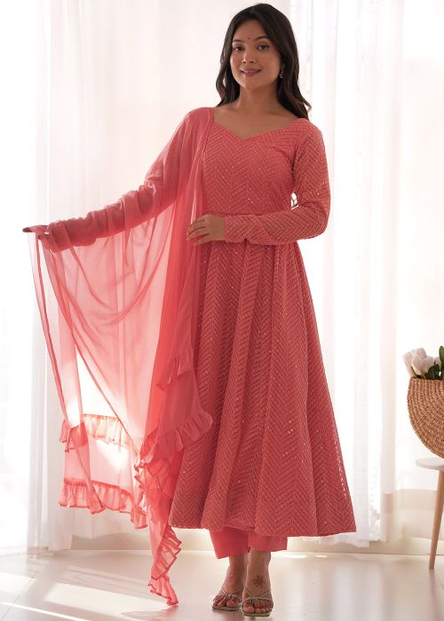 Peach Embroidered Anarkali Suit Set In Georgette
