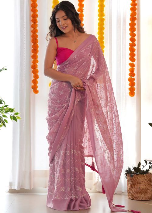 Pink Embroidered Georgette Saree With Blouse