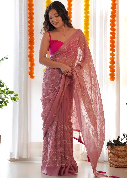 Dusty Pink Embroidered Saree In Georgette