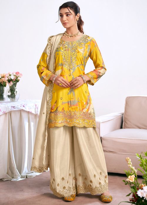 Yellow Embroidered Printed Palazzo Suit