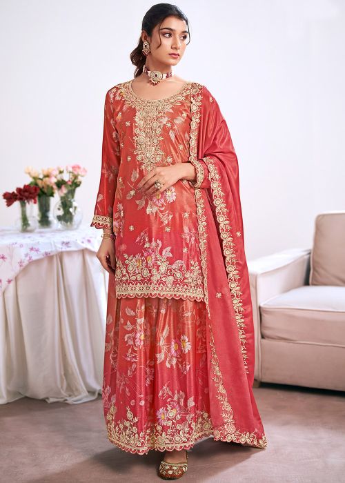 Shaded Red Printed Sharara Suit With Dupatta
