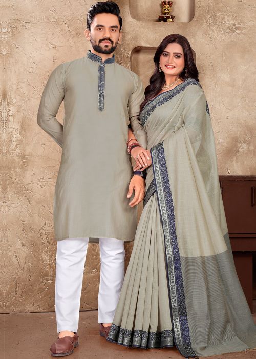 Grey Woven Readymade Couple Wear Set