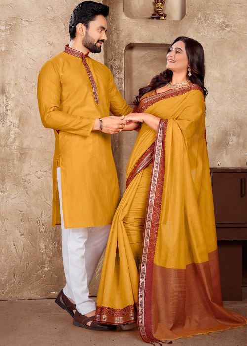 Yellow Woven Readymade Couple Wear Set