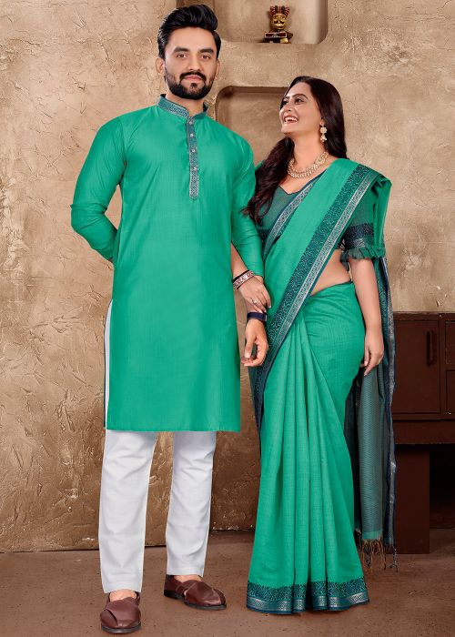 Readymade Woven Couple Set In Green